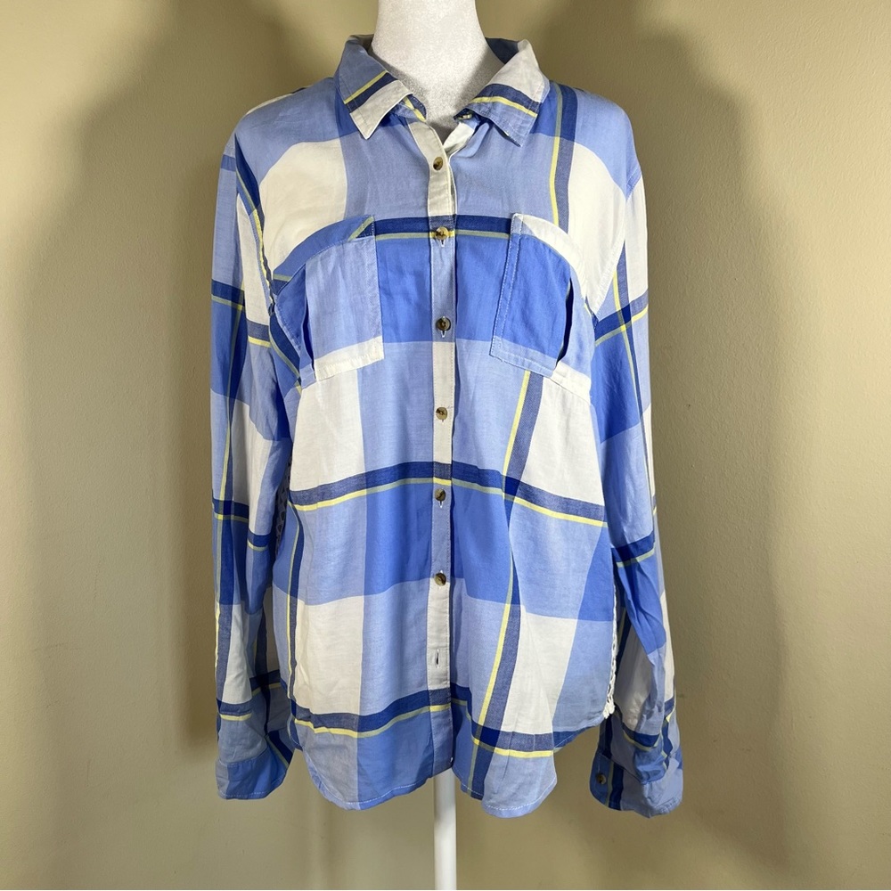 Blue and White Plaid Button Down with Lace Side detail - Size XL